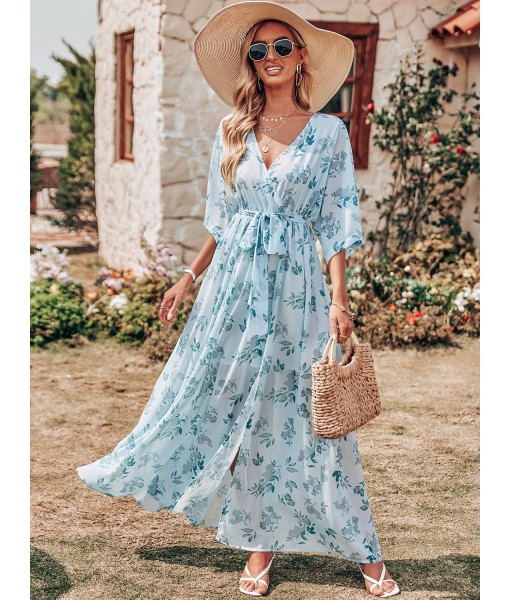 ANRABESS Women’s Summer Loose Boho Flowy Wrap V Neck 3/4 Sleeve Floral Print Slit Beach Wedding Guest Long Maxi Dresses