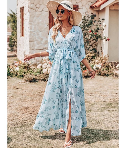 ANRABESS Women’s Summer Loose Boho Flowy Wrap V Neck 3/4 Sleeve Floral Print Slit Beach Wedding Guest Long Maxi Dresses
