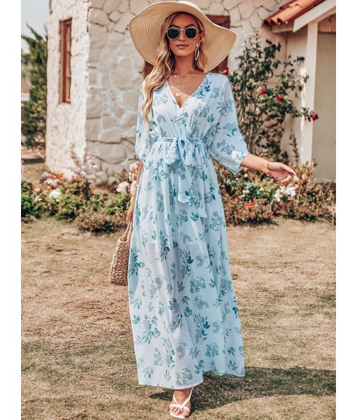 ANRABESS Women’s Summer Loose Boho Flowy Wrap V Neck 3/4 Sleeve Floral Print Slit Beach Wedding Guest Long Maxi Dresses