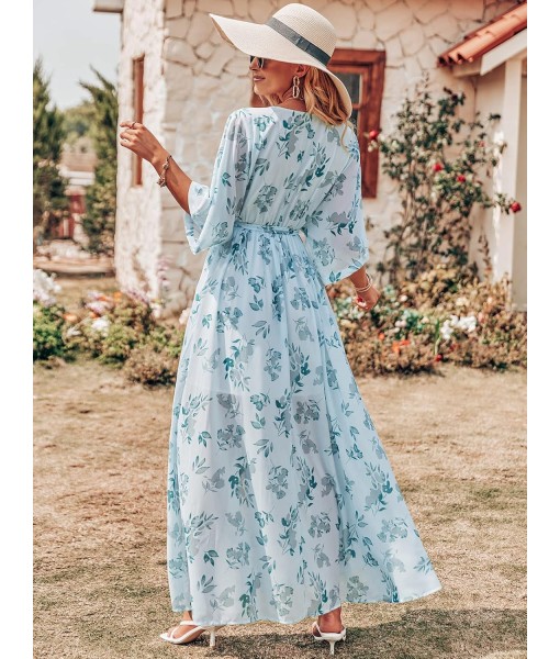 ANRABESS Women’s Summer Loose Boho Flowy Wrap V Neck 3/4 Sleeve Floral Print Slit Beach Wedding Guest Long Maxi Dresses