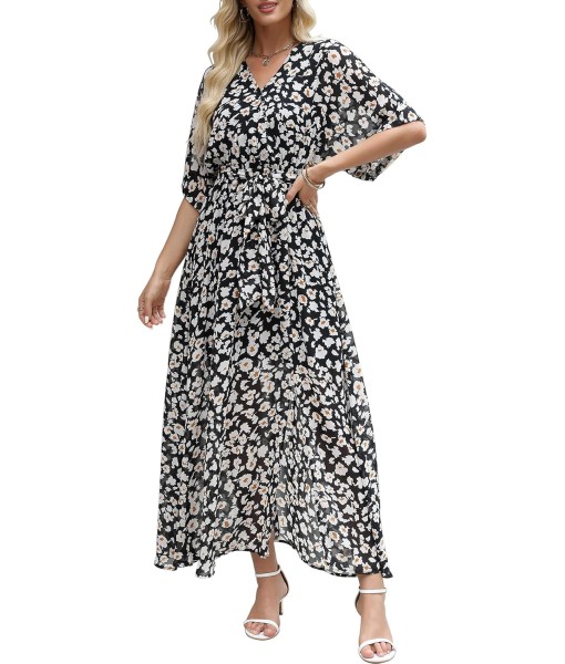 ANRABESS Women’s Summer Loose Boho Flowy Wrap V Neck 3/4 Sleeve Floral Print Slit Beach Wedding Guest Long Maxi Dresses