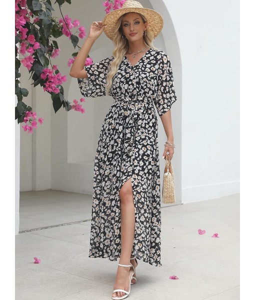 ANRABESS Women’s Summer Loose Boho Flowy Wrap V Neck 3/4 Sleeve Floral Print Slit Beach Wedding Guest Long Maxi Dresses
