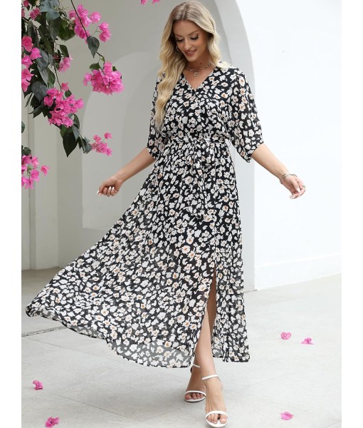 ANRABESS Women’s Summer Loose Boho Flowy Wrap V Neck 3/4 Sleeve Floral Print Slit Beach Wedding Guest Long Maxi Dresses