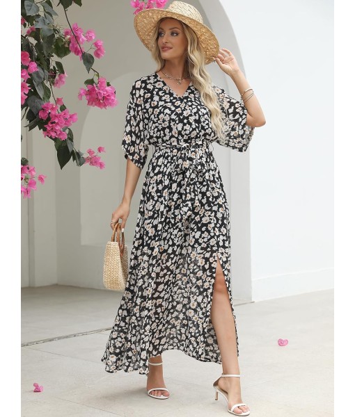 ANRABESS Women’s Summer Loose Boho Flowy Wrap V Neck 3/4 Sleeve Floral Print Slit Beach Wedding Guest Long Maxi Dresses