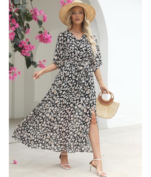 ANRABESS Women’s Summer Loose Boho Flowy Wrap V Neck 3/4 Sleeve Floral Print Slit Beach Wedding Guest Long Maxi Dresses