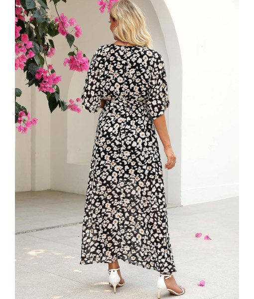 ANRABESS Women’s Summer Loose Boho Flowy Wrap V Neck 3/4 Sleeve Floral Print Slit Beach Wedding Guest Long Maxi Dresses