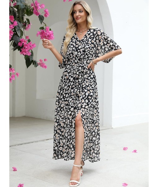ANRABESS Women’s Summer Loose Boho Flowy Wrap V Neck 3/4 Sleeve Floral Print Slit Beach Wedding Guest Long Maxi Dresses