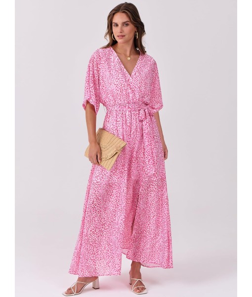 ANRABESS Women’s Summer Loose Boho Flowy Wrap V Neck 3/4 Sleeve Floral Print Slit Beach Wedding Guest Long Maxi Dresses