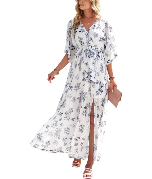 ANRABESS Women’s Summer Loose Boho Flowy Wrap V Neck 3/4 Sleeve Floral Print Slit Beach Wedding Guest Long Maxi Dresses