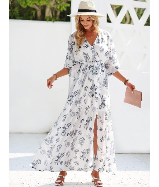 ANRABESS Women’s Summer Loose Boho Flowy Wrap V Neck 3/4 Sleeve Floral Print Slit Beach Wedding Guest Long Maxi Dresses