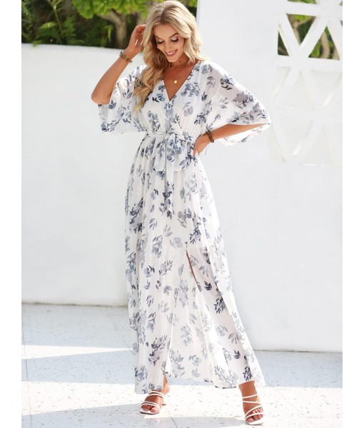 ANRABESS Women’s Summer Loose Boho Flowy Wrap V Neck 3/4 Sleeve Floral Print Slit Beach Wedding Guest Long Maxi Dresses