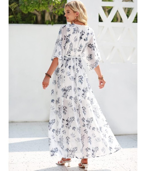 ANRABESS Women’s Summer Loose Boho Flowy Wrap V Neck 3/4 Sleeve Floral Print Slit Beach Wedding Guest Long Maxi Dresses