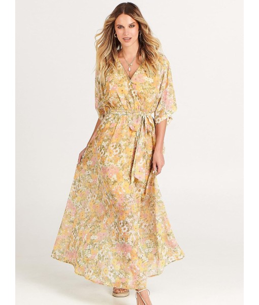 ANRABESS Women’s Summer Loose Boho Flowy Wrap V Neck 3/4 Sleeve Floral Print Slit Beach Wedding Guest Long Maxi Dresses