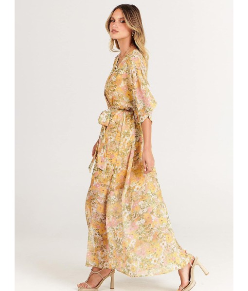ANRABESS Women’s Summer Loose Boho Flowy Wrap V Neck 3/4 Sleeve Floral Print Slit Beach Wedding Guest Long Maxi Dresses