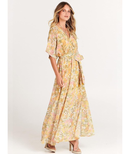 ANRABESS Women’s Summer Loose Boho Flowy Wrap V Neck 3/4 Sleeve Floral Print Slit Beach Wedding Guest Long Maxi Dresses