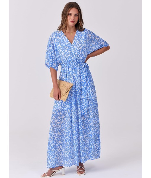 ANRABESS Women’s Summer Loose Boho Flowy Wrap V Neck 3/4 Sleeve Floral Print Slit Beach Wedding Guest Long Maxi Dresses