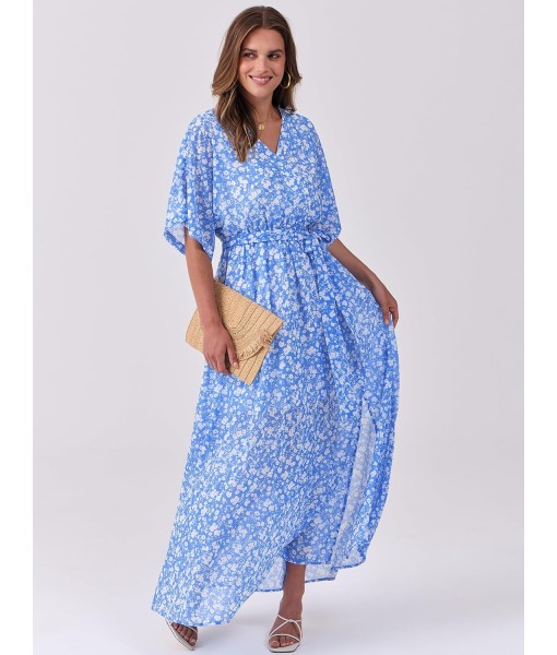 ANRABESS Women’s Summer Loose Boho Flowy Wrap V Neck 3/4 Sleeve Floral Print Slit Beach Wedding Guest Long Maxi Dresses