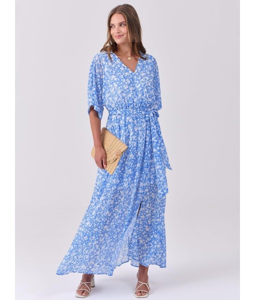 ANRABESS Women’s Summer Loose Boho Flowy Wrap V Neck 3/4 Sleeve Floral Print Slit Beach Wedding Guest Long Maxi Dresses