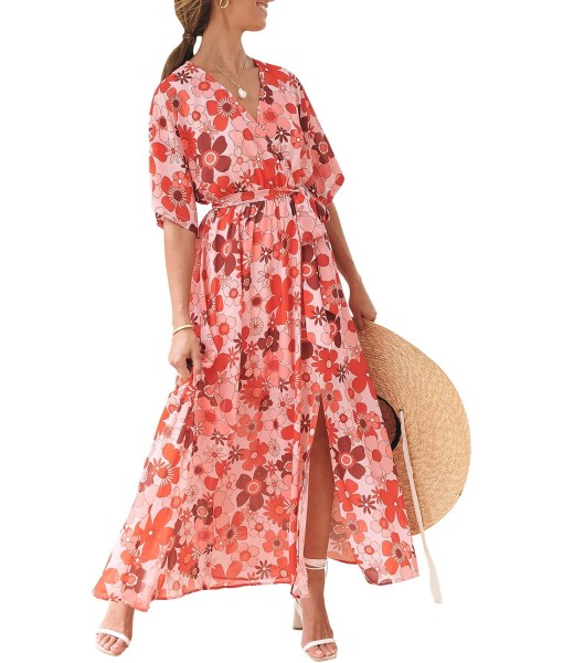 ANRABESS Women’s Summer Loose Boho Flowy Wrap V Neck 3/4 Sleeve Floral Print Slit Beach Wedding Guest Long Maxi Dresses
