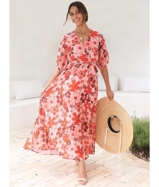 ANRABESS Women’s Summer Loose Boho Flowy Wrap V Neck 3/4 Sleeve Floral Print Slit Beach Wedding Guest Long Maxi Dresses