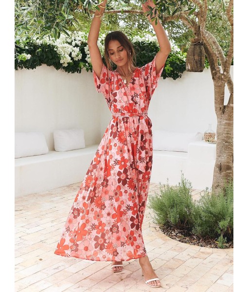 ANRABESS Women’s Summer Loose Boho Flowy Wrap V Neck 3/4 Sleeve Floral Print Slit Beach Wedding Guest Long Maxi Dresses