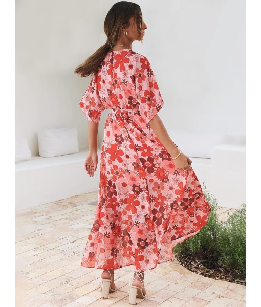 ANRABESS Women’s Summer Loose Boho Flowy Wrap V Neck 3/4 Sleeve Floral Print Slit Beach Wedding Guest Long Maxi Dresses