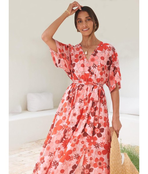 ANRABESS Women’s Summer Loose Boho Flowy Wrap V Neck 3/4 Sleeve Floral Print Slit Beach Wedding Guest Long Maxi Dresses