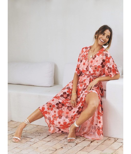 ANRABESS Women’s Summer Loose Boho Flowy Wrap V Neck 3/4 Sleeve Floral Print Slit Beach Wedding Guest Long Maxi Dresses