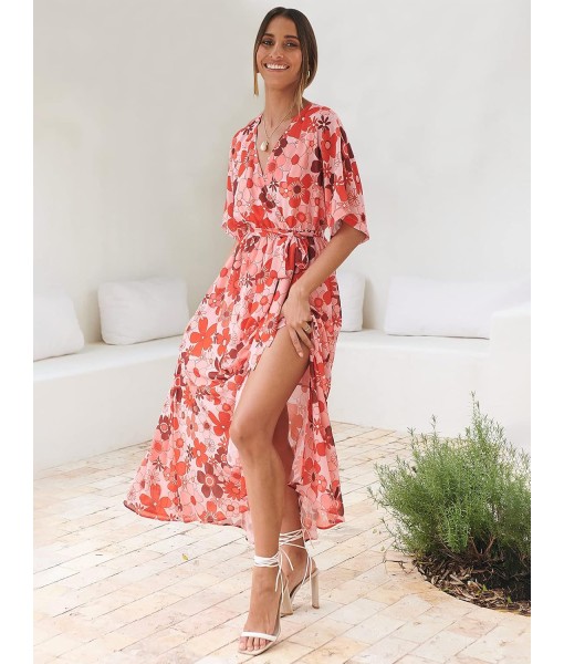 ANRABESS Women’s Summer Loose Boho Flowy Wrap V Neck 3/4 Sleeve Floral Print Slit Beach Wedding Guest Long Maxi Dresses