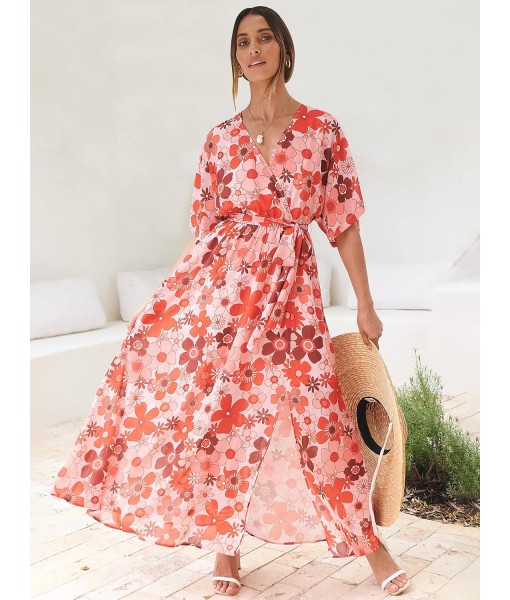 ANRABESS Women’s Summer Loose Boho Flowy Wrap V Neck 3/4 Sleeve Floral Print Slit Beach Wedding Guest Long Maxi Dresses