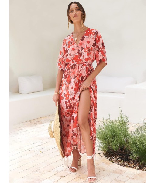 ANRABESS Women’s Summer Loose Boho Flowy Wrap V Neck 3/4 Sleeve Floral Print Slit Beach Wedding Guest Long Maxi Dresses