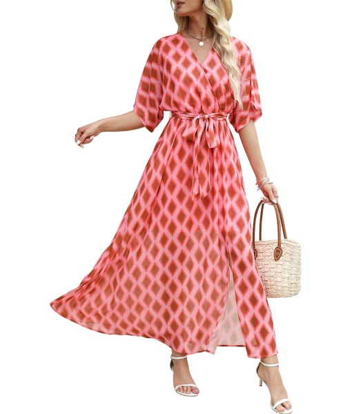 ANRABESS Women’s Summer Loose Boho Flowy Wrap V Neck 3/4 Sleeve Floral Print Slit Beach Wedding Guest Long Maxi Dresses