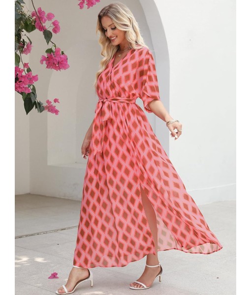 ANRABESS Women’s Summer Loose Boho Flowy Wrap V Neck 3/4 Sleeve Floral Print Slit Beach Wedding Guest Long Maxi Dresses