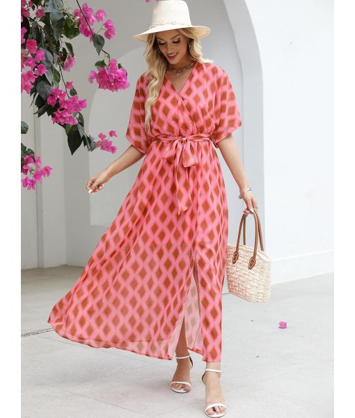 ANRABESS Women’s Summer Loose Boho Flowy Wrap V Neck 3/4 Sleeve Floral Print Slit Beach Wedding Guest Long Maxi Dresses