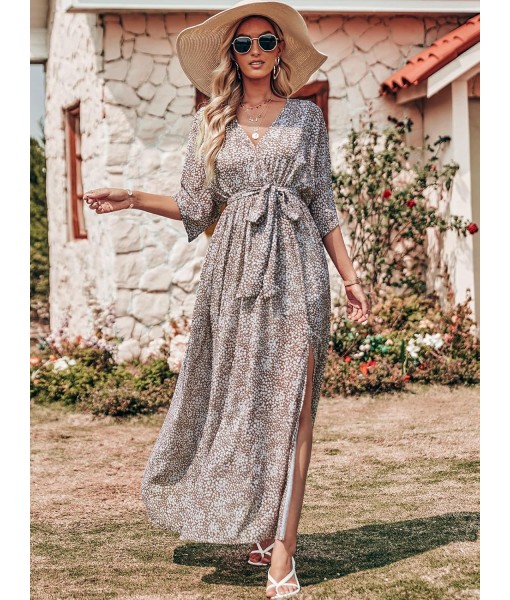ANRABESS Women’s Summer Loose Boho Flowy Wrap V Neck 3/4 Sleeve Floral Print Slit Beach Wedding Guest Long Maxi Dresses