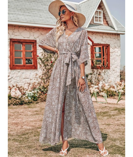 ANRABESS Women’s Summer Loose Boho Flowy Wrap V Neck 3/4 Sleeve Floral Print Slit Beach Wedding Guest Long Maxi Dresses