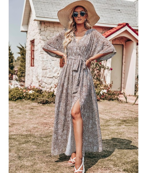 ANRABESS Women’s Summer Loose Boho Flowy Wrap V Neck 3/4 Sleeve Floral Print Slit Beach Wedding Guest Long Maxi Dresses