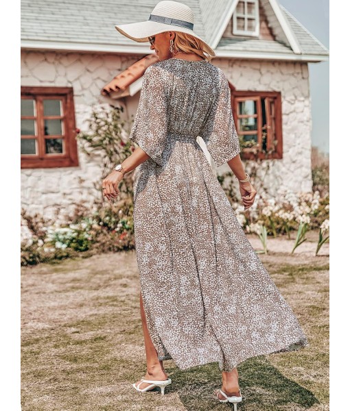 ANRABESS Women’s Summer Loose Boho Flowy Wrap V Neck 3/4 Sleeve Floral Print Slit Beach Wedding Guest Long Maxi Dresses