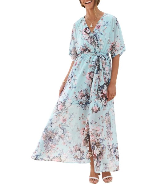 ANRABESS Women’s Summer Loose Boho Flowy Wrap V Neck 3/4 Sleeve Floral Print Slit Beach Wedding Guest Long Maxi Dresses