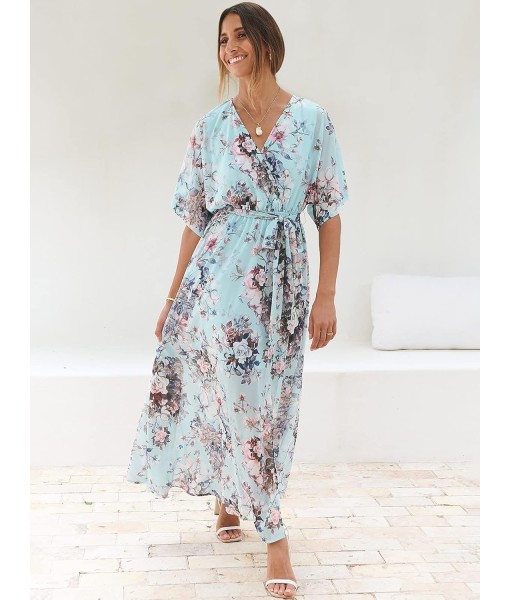 ANRABESS Women’s Summer Loose Boho Flowy Wrap V Neck 3/4 Sleeve Floral Print Slit Beach Wedding Guest Long Maxi Dresses