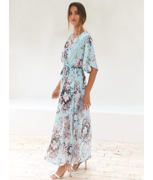 ANRABESS Women’s Summer Loose Boho Flowy Wrap V Neck 3/4 Sleeve Floral Print Slit Beach Wedding Guest Long Maxi Dresses