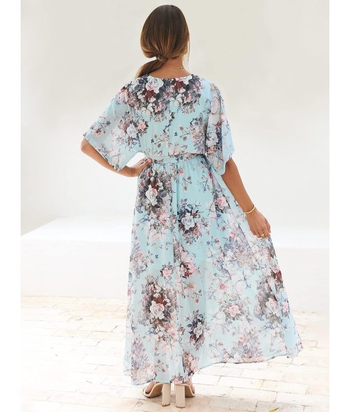 ANRABESS Women’s Summer Loose Boho Flowy Wrap V Neck 3/4 Sleeve Floral Print Slit Beach Wedding Guest Long Maxi Dresses