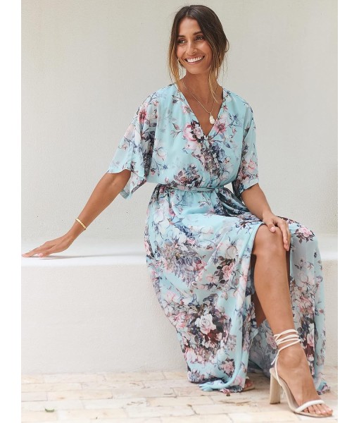 ANRABESS Women’s Summer Loose Boho Flowy Wrap V Neck 3/4 Sleeve Floral Print Slit Beach Wedding Guest Long Maxi Dresses