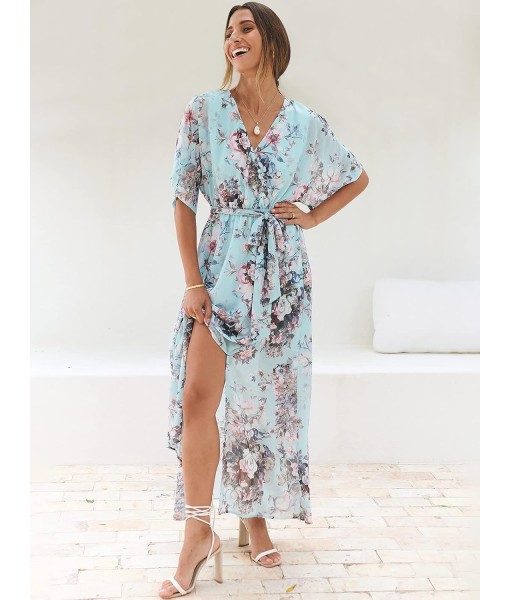 ANRABESS Women’s Summer Loose Boho Flowy Wrap V Neck 3/4 Sleeve Floral Print Slit Beach Wedding Guest Long Maxi Dresses