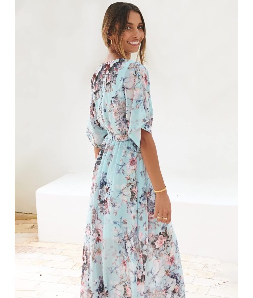 ANRABESS Women’s Summer Loose Boho Flowy Wrap V Neck 3/4 Sleeve Floral Print Slit Beach Wedding Guest Long Maxi Dresses