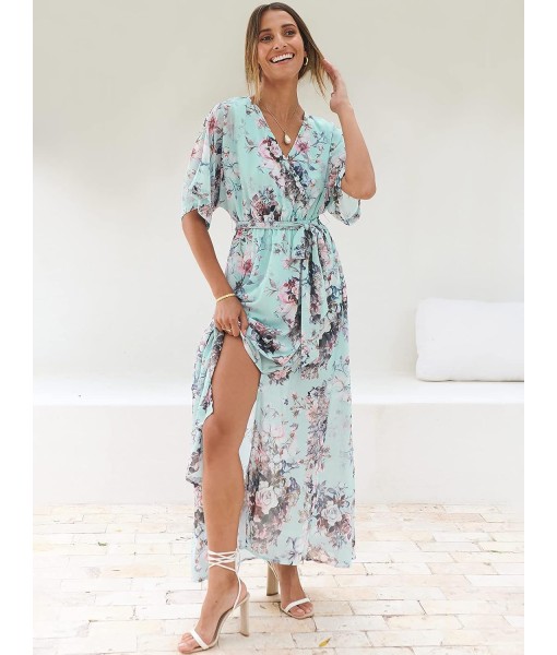 ANRABESS Women’s Summer Loose Boho Flowy Wrap V Neck 3/4 Sleeve Floral Print Slit Beach Wedding Guest Long Maxi Dresses