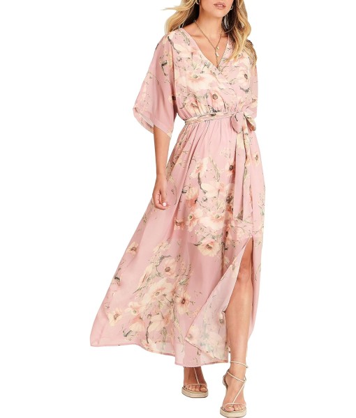 ANRABESS Women’s Summer Loose Boho Flowy Wrap V Neck 3/4 Sleeve Floral Print Slit Beach Wedding Guest Long Maxi Dresses
