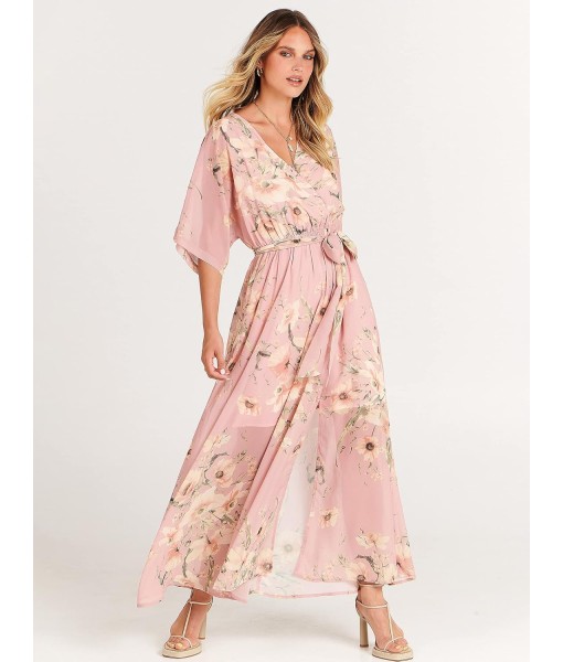 ANRABESS Women’s Summer Loose Boho Flowy Wrap V Neck 3/4 Sleeve Floral Print Slit Beach Wedding Guest Long Maxi Dresses