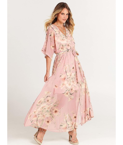ANRABESS Women’s Summer Loose Boho Flowy Wrap V Neck 3/4 Sleeve Floral Print Slit Beach Wedding Guest Long Maxi Dresses