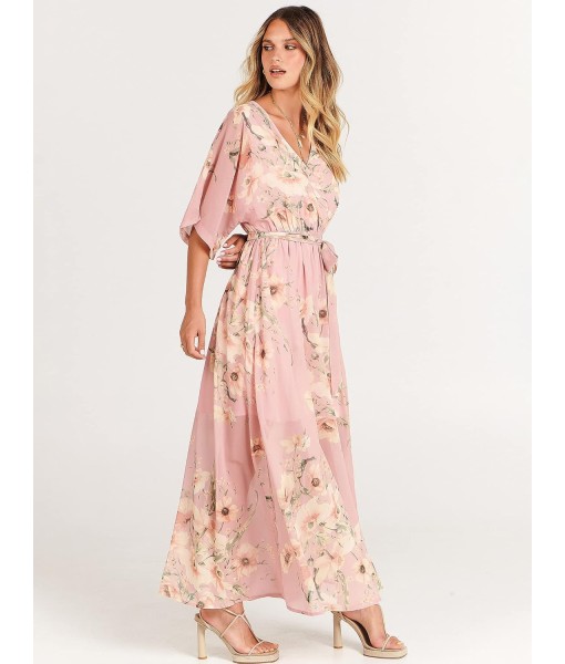 ANRABESS Women’s Summer Loose Boho Flowy Wrap V Neck 3/4 Sleeve Floral Print Slit Beach Wedding Guest Long Maxi Dresses
